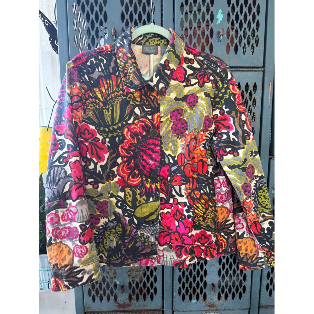 Additions by Chico's Floral Botanical Cotton Button Front Jacket Size 2 Large